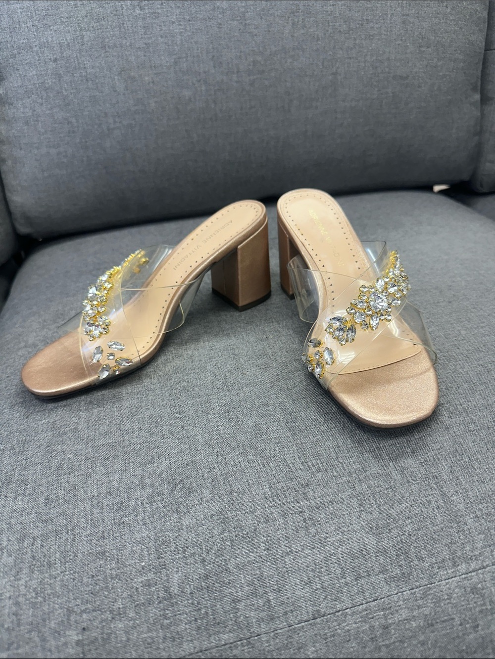 Adrienne Vittadini Clear Strap Embellished Block Heel Mules - Gold